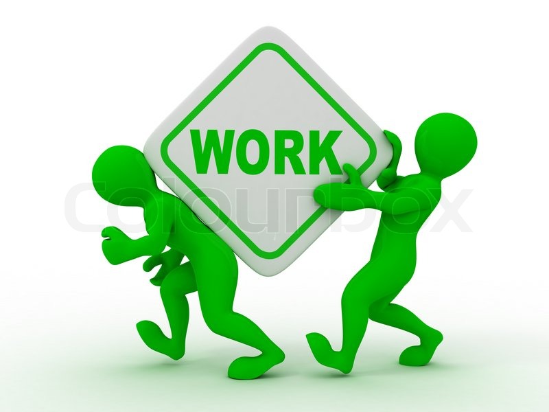 Skilt med ordet Work flyttet af to grønne modelervoksmænd